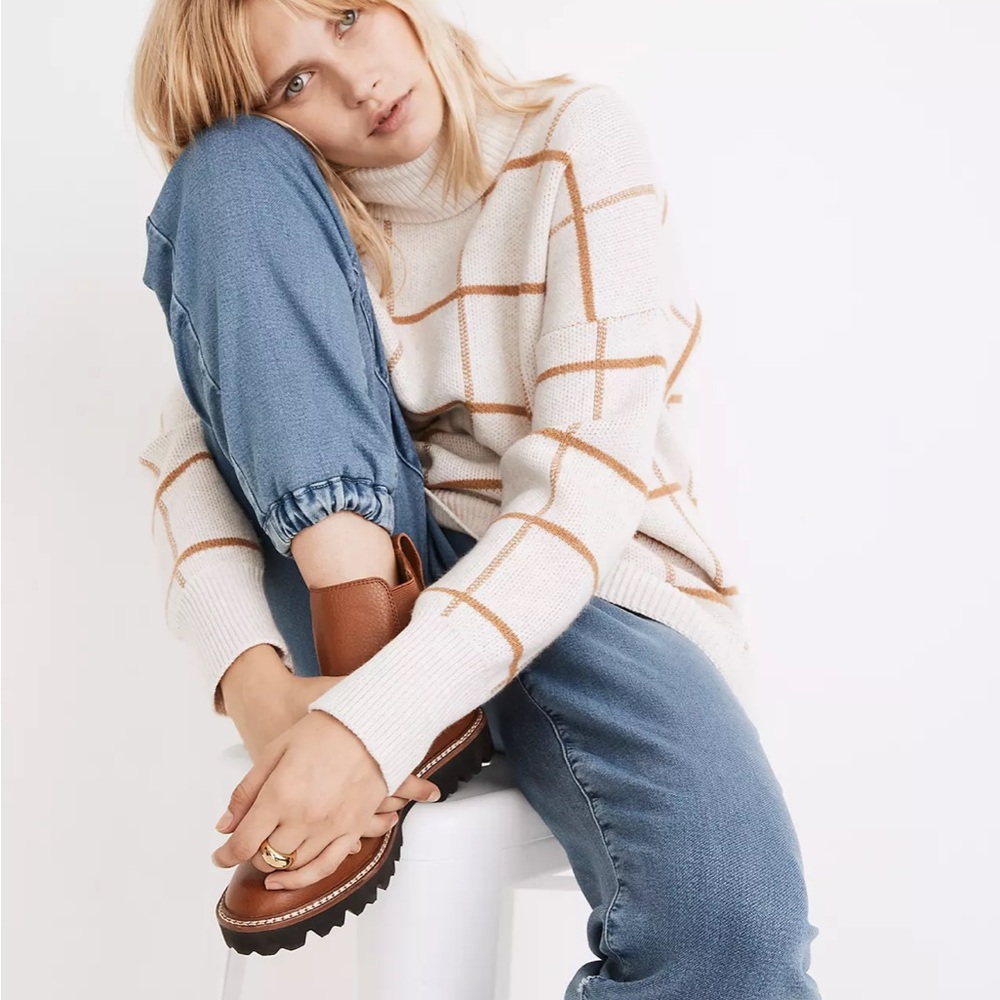 NWT Madewell Pearldale Turtleneck Sweater in Windowpane Heather Oak